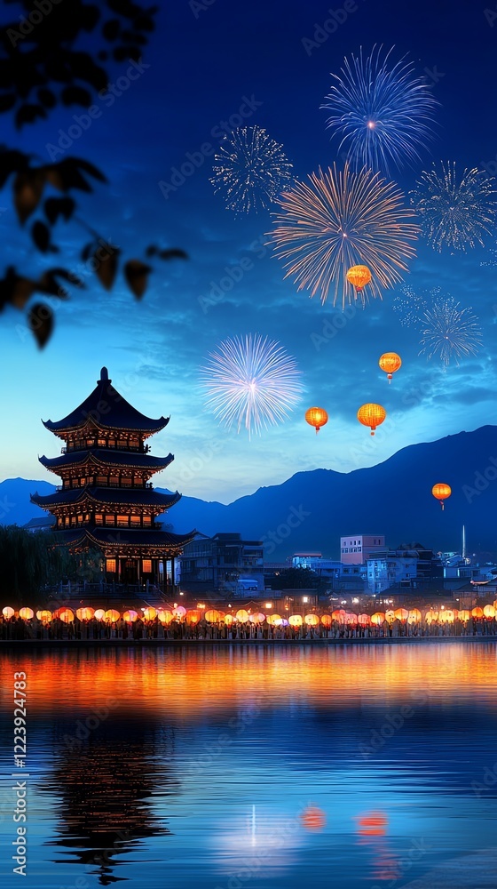 Obraz premium Grand festival scene featuring a temple surrounded by a sea of lanterns, vibrant firework displays filling the night sky