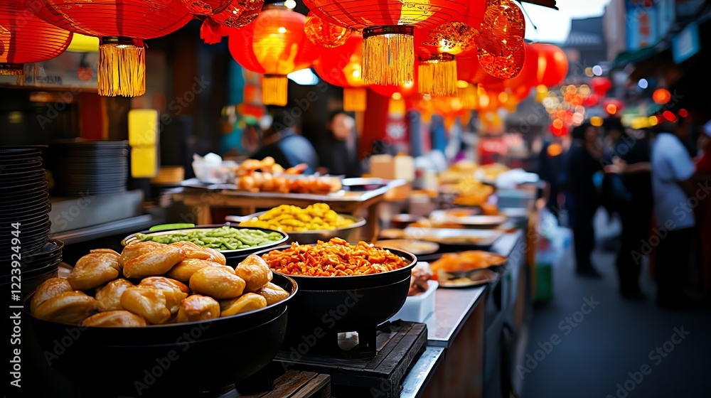 Fototapeta premium Lantern festival street market, glowing red and gold lanterns overhead, vibrant details of food stalls and traditional decor