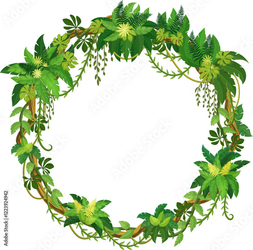 Liana frame of jungle ivy and tropical rainforest vine leaves, vector circle. Round liana frame with ivy vines and monstera leaves or tropical creeping tree and jungle bindweed plant in circle border