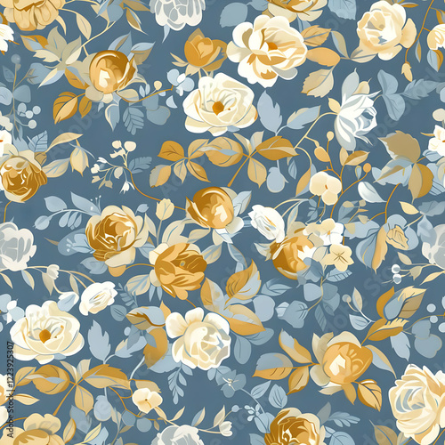 A floral pattern featuring roses and leaves on a blue background.
