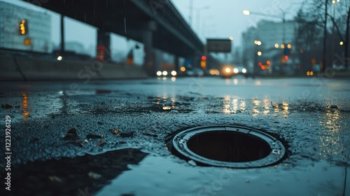 An industrial downpipe directing rainwater into a storm drain beside a large city road, with puddles and wet asphalt in the scene. photo