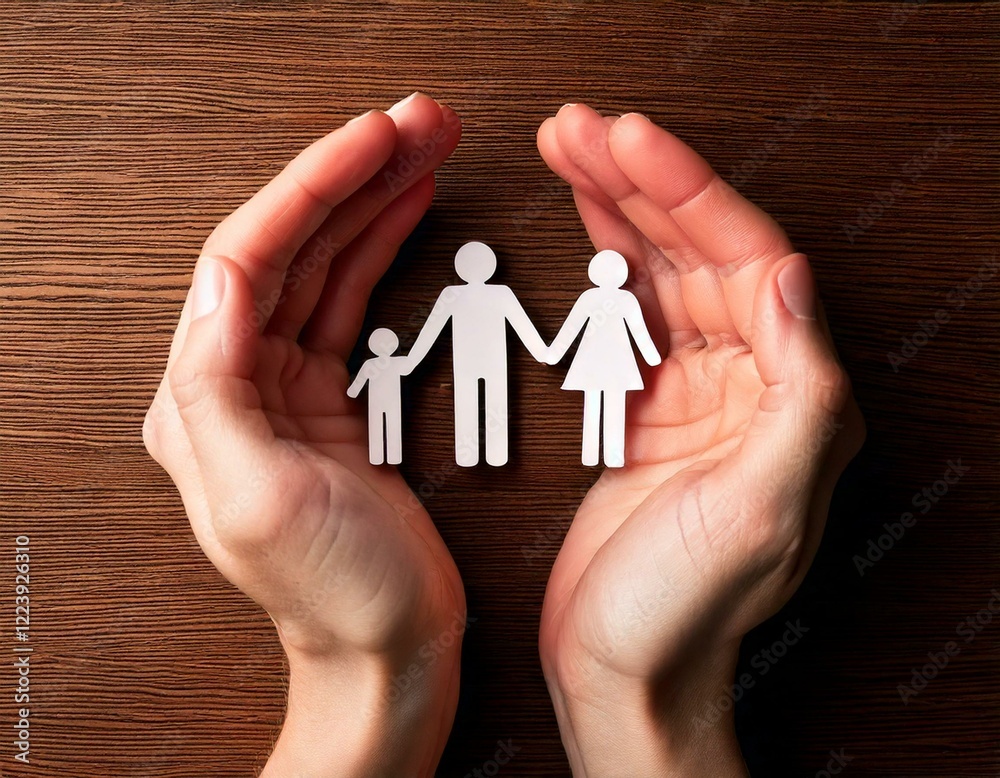 Hands holding family figure top view. Insurance concept Hands holding family figure top view. Insurance concept