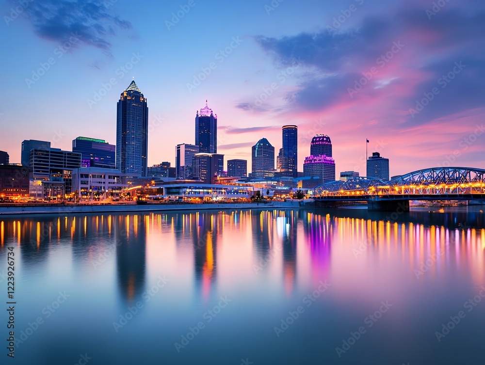 Fototapeta premium Modern skyline glowing under bold pink and purple fireworks, dramatic reflections enhancing the lively festive atmosphere