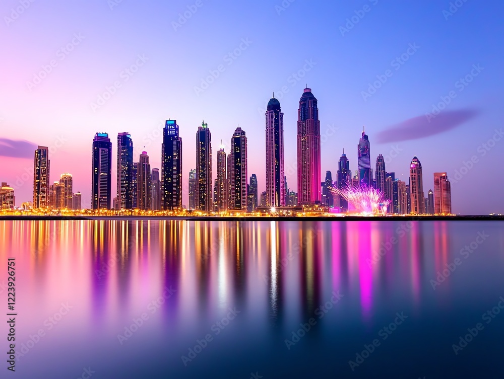 Obraz premium Modern skyline glowing under bold pink and purple fireworks, dramatic reflections enhancing the lively festive atmosphere