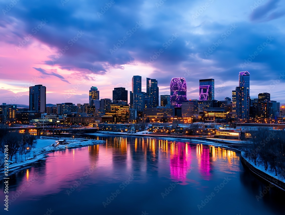 Fototapeta premium Modern skyline glowing under bold pink and purple fireworks, dramatic reflections enhancing the lively festive atmosphere