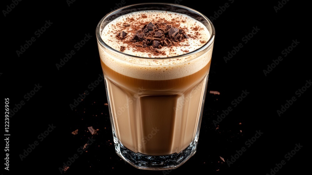 A glass of coffee with frothy milk and a sprinkle of cocoa on top.