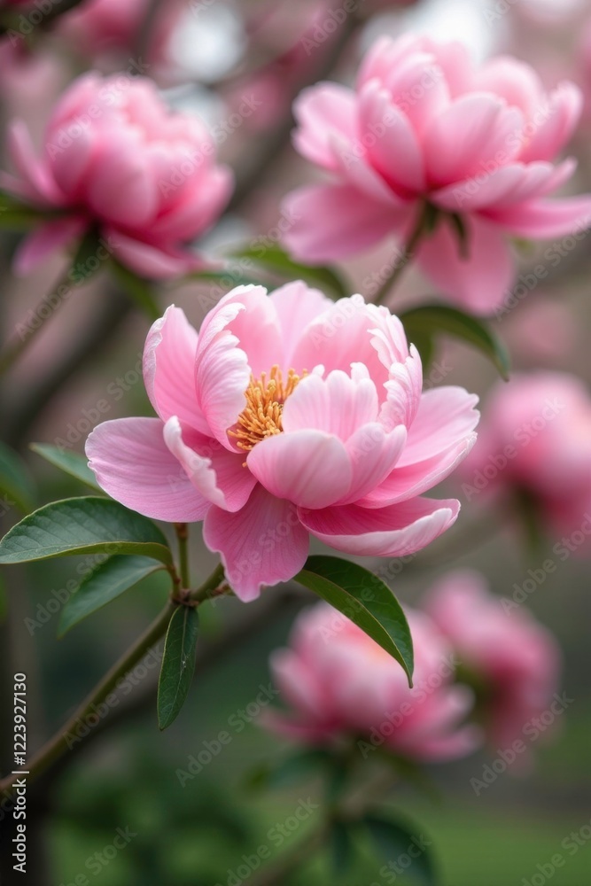 Fototapeta premium Soft pink peony blossoms unfold on the tree's branches, bloom, spring blooms, peony tree