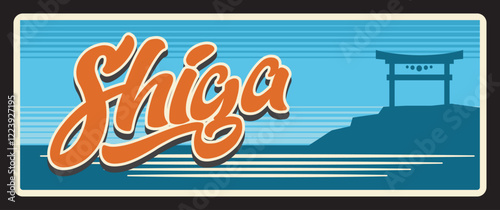 Shiga Kansai region of Honshu, Japanese prefecture. Vector travel plate, vintage sign, retro postcard design. Asian territory plaque with torii shinto gates, religious shrine or sightseeing site