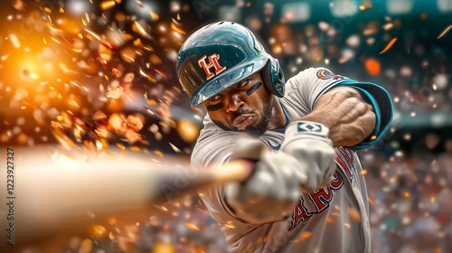 Fototapeta Naklejka Na Ścianę i Meble -  Baseball player hitting, stadium background, confetti celebration, sports action