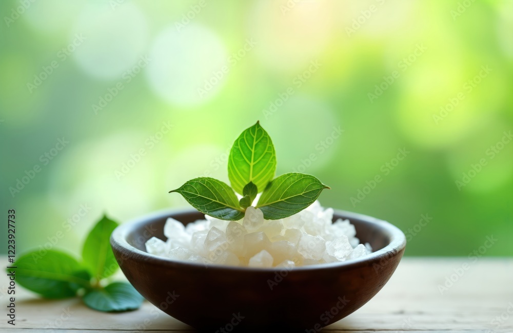Natural camphor crystals sit in dark wooden bowl. Fresh green leaves delicately rest atop crystals. Soft focus green background suggests spa wellness setting. Relaxation, aromatherapy concepts Natural camphor crystals sit in dark wooden bowl. Fresh green leaves delicately rest atop crystals. Soft focus green background suggests spa wellness setting. Relaxation, aromatherapy concepts