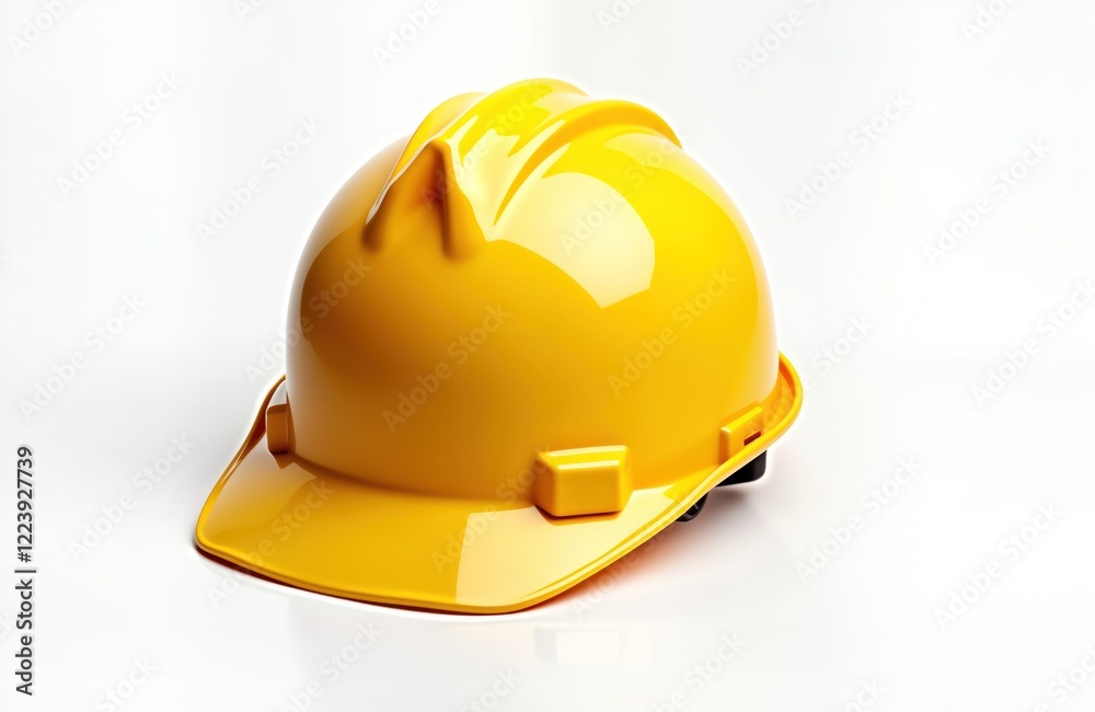 Fototapeta premium Bright yellow safety helmet sits on plain white background. Construction industrial protective headwear. Safe equipment for industry, construction. Ideal for building sites factories. Protecting