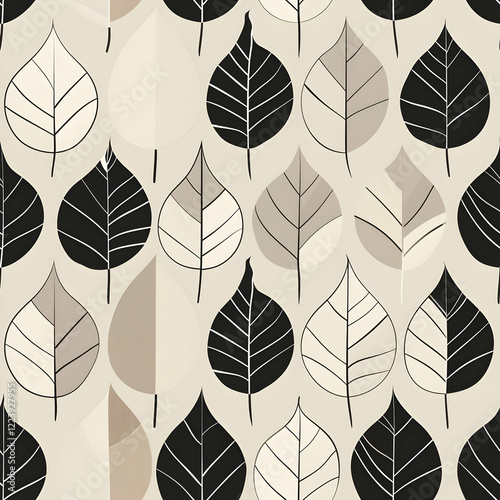 A pattern featuring stylized leaves in black, white, and beige tones.