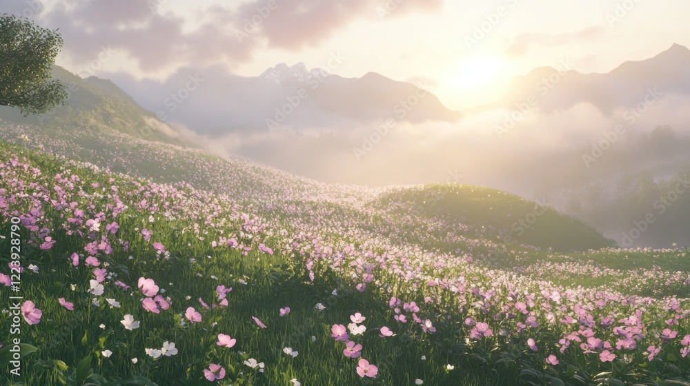 Obraz premium Serene sunrise over a blooming hillside meadow with mountains in the background.