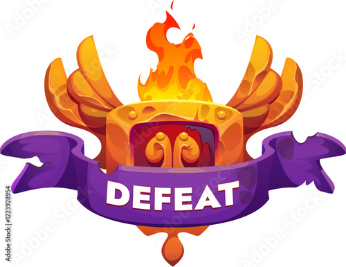 Defeat game icon or badge, gui fantasy arcade final banner. Vector level end label, pop up videogame screen. Lose battle sign features vibrant flames, royal winged shield and rugged purple ribbon