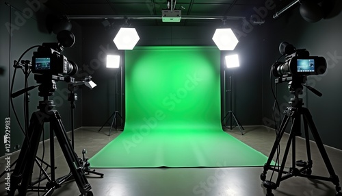 Pro media production studio setup with green screen, lighting equipment. Cameras on tripods ready for filming. Modern studio environment for video photo production. High-end tech equipment arranged