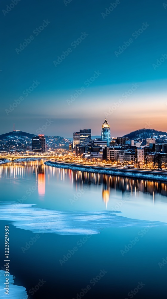 Fototapeta premium Serene skyline at night, bold fireworks in shades of blue, red, and gold reflecting softly in a calm river below