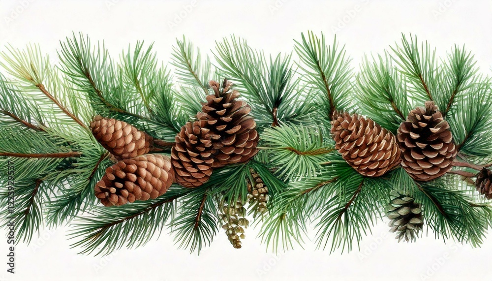 Horizontal border with pine branches and cones, needles on white Horizontal border with pine branches and cones, needles on white