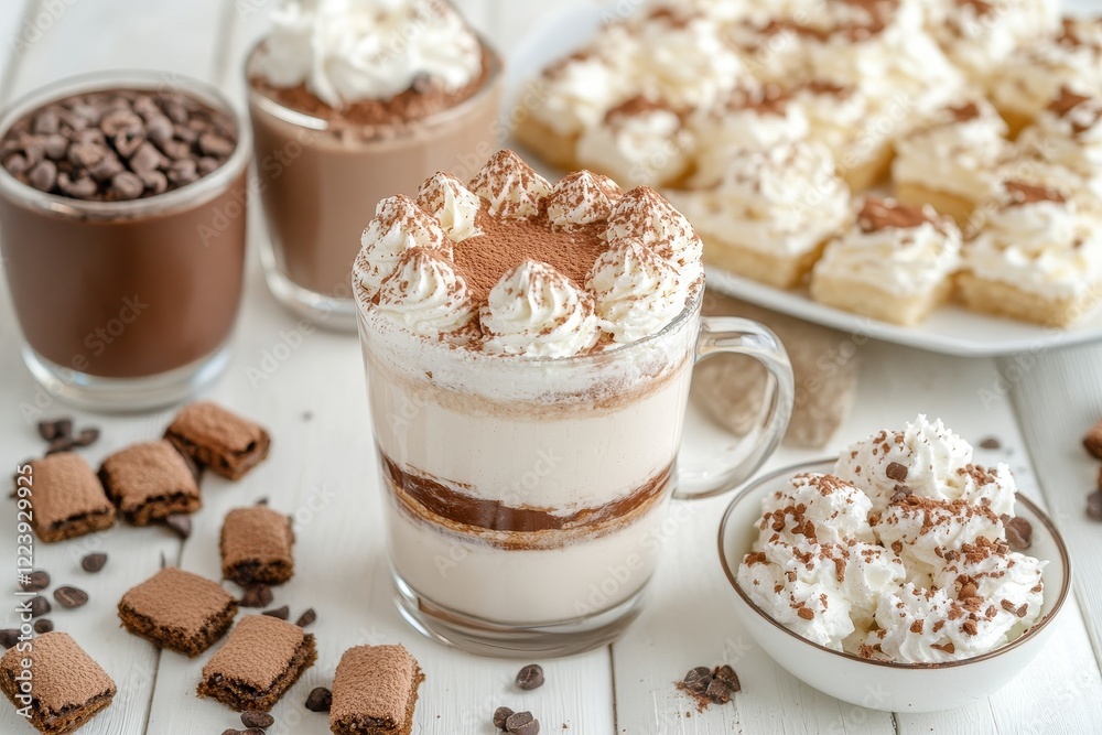 Creamy tiramisu in a glass mug, cocoa powder topping. Perfect image for coffee shops, dessert menus, or recipes showcasing rich, indulgent treats. Creamy tiramisu in a glass mug, cocoa powder topping. Perfect image for coffee shops, dessert menus, or recipes showcasing rich, indulgent treats.