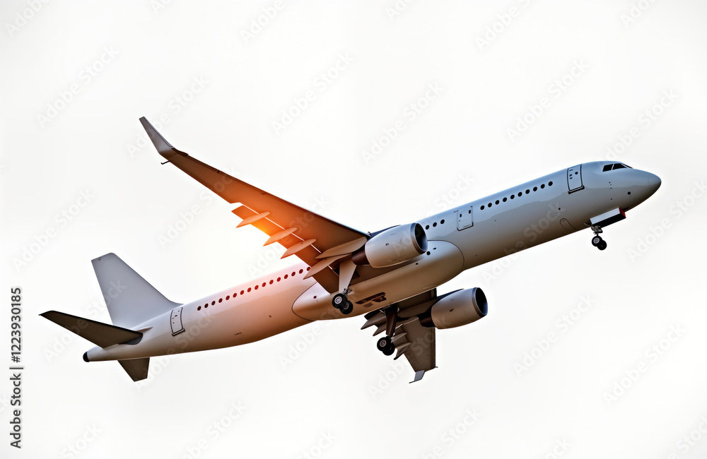 Obraz premium White airplane flies high in clear sky. Sunlight shines on wing. Commercial air travel concept. Modern jet aircraft in flight. Airliner taking off. Fast, safe transportation. Travel business,