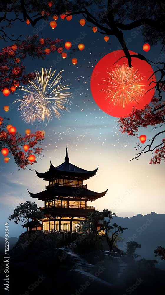 Obraz premium Temple on a hill glowing with lantern light, surrounded by trees and fireworks painting the night sky in red and gold