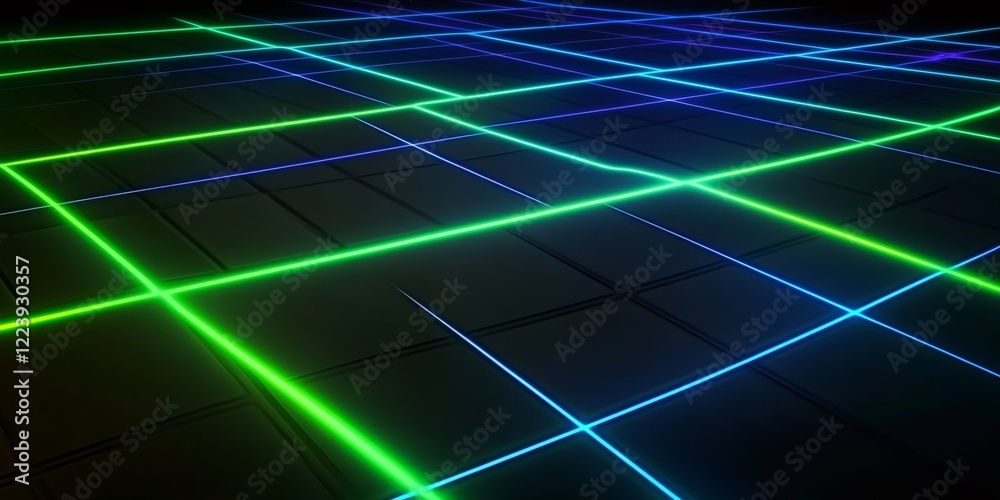 Glowing neon lines creating a colorful grid pattern on a dark background, ideal for technology or abstract concepts Glowing neon lines creating a colorful grid pattern on a dark background, ideal for technology or abstract concepts