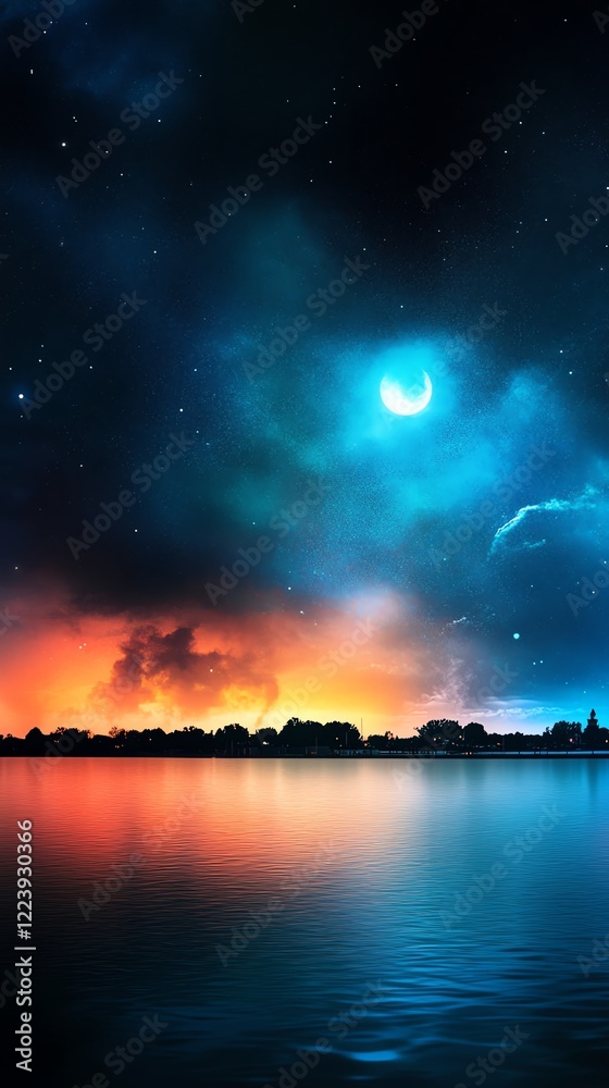 Vibrant fireworks bursting over a tranquil city waterfront, reflections dancing in rippling waters under a starry night