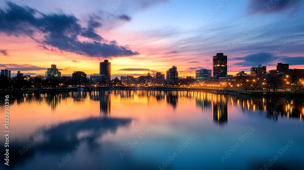 Fototapeta premium Vibrant firework display over a serene skyline, reflections glowing on water as colorful bursts fill the night sky