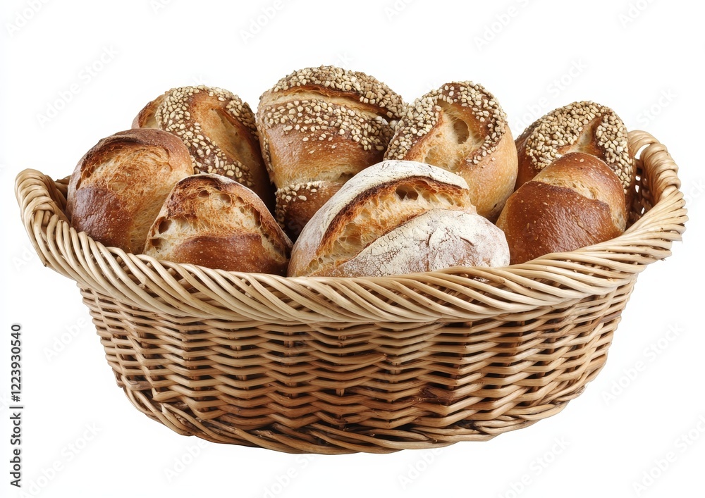 Assorted baked bread rolls in wicker basket. Assorted baked bread rolls in wicker basket.