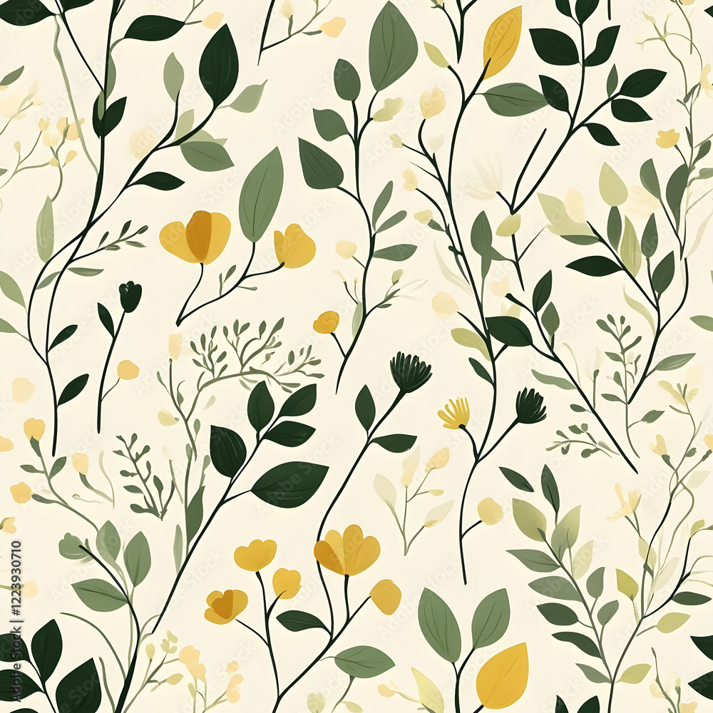 A floral pattern featuring various leaves and yellow flowers on a light background. A floral pattern featuring various leaves and yellow flowers on a light background.