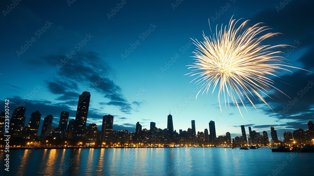 Obraz premium Urban skyline glowing under golden fireworks, the night sky filled with shimmering trails and bold bursts of energy