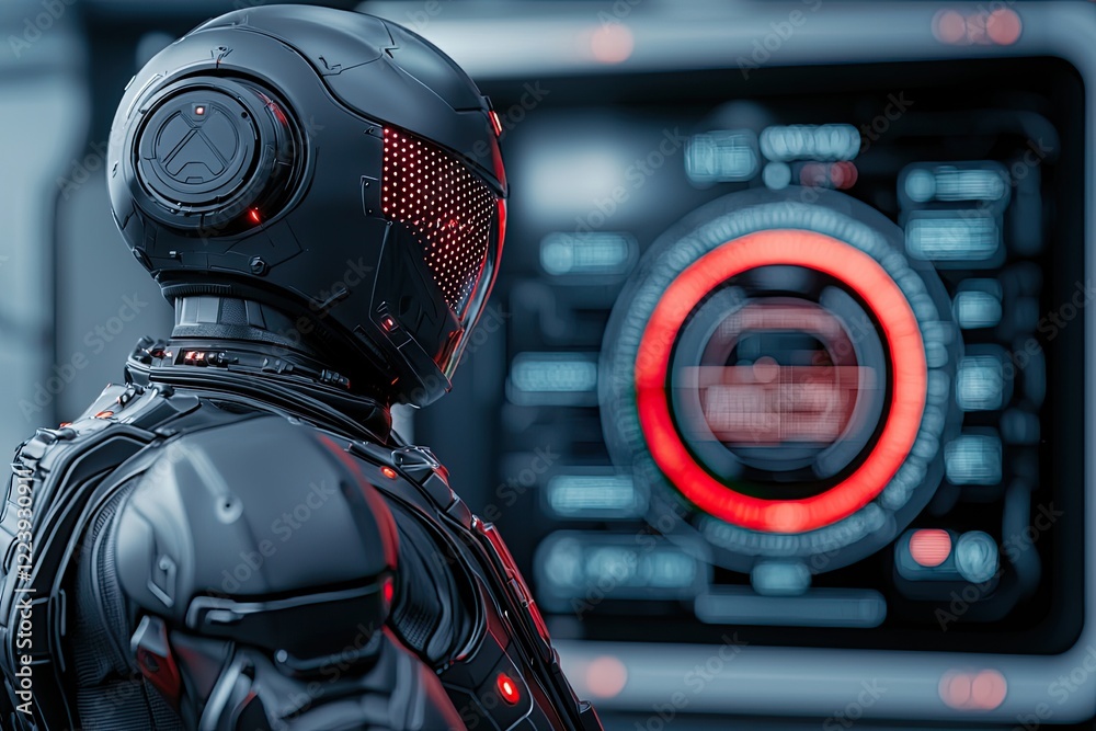 Fototapeta premium A futuristic robot in sleek black armor stands before a high-tech control panel, featuring vibrant red and circular displays.