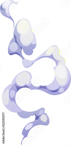 Curve white cloud, cartoon smoke, fragrance aroma smell. Vector ethereal shape, floating in curling wisps gives a mystical and magical ambiance. Cigarette steam trail, fog, vapor, smog or fume spread