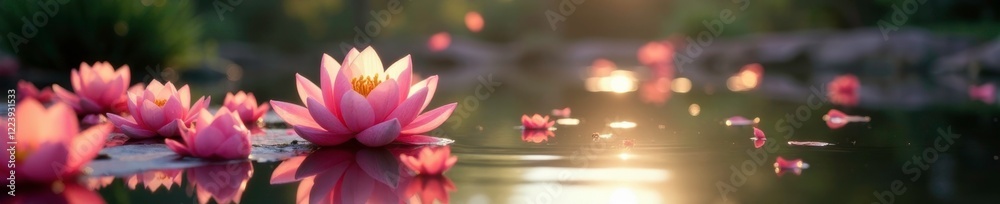 Soft pink petals fall gently around a serene pond, evening light, shadows Soft pink petals fall gently around a serene pond, evening light, shadows