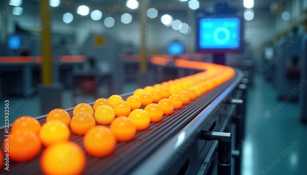 Hot glowing spheres move along curved conveyor belt in modern factory. Automated quality control system monitors products in real-time. Tech equipment inspects for defects. Industrial manufacture Hot glowing spheres move along curved conveyor belt in modern factory. Automated quality control system monitors products in real-time. Tech equipment inspects for defects. Industrial manufacture