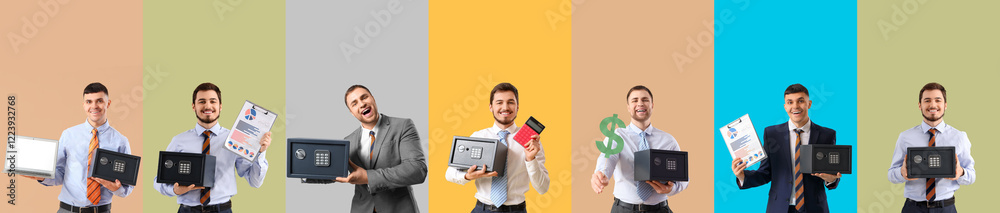 Set of young businessmen with safe boxes on color background Set of young businessmen with safe boxes on color background
