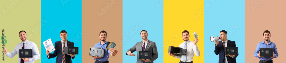 Set of young businessmen with safe boxes on color background Set of young businessmen with safe boxes on color background