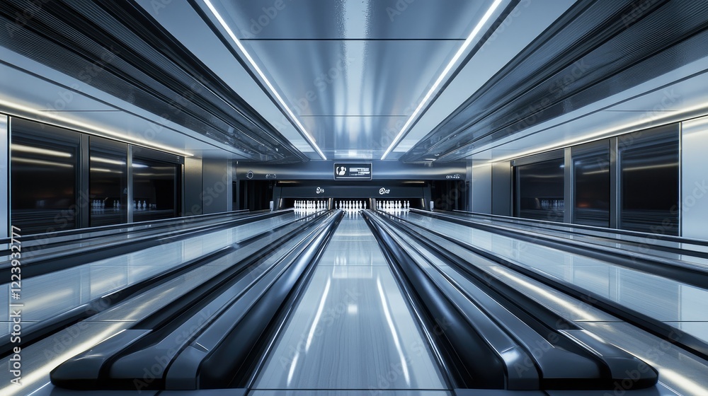 Naklejka premium Modern bowling lane with a fully automated pinsetter in operation, dropping pins into position