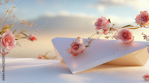 Romantic scene with a rose and a letter on a dreamy pastel background. Perfect for greeting cards, backgrounds, and love messages.