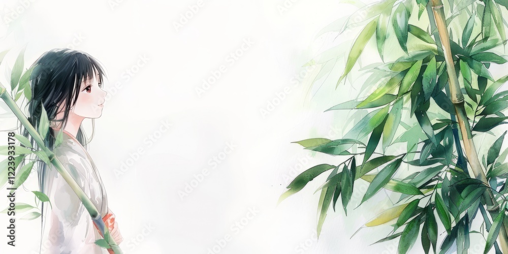Japanese girl in kimono on light background with bamboo. Copy space 