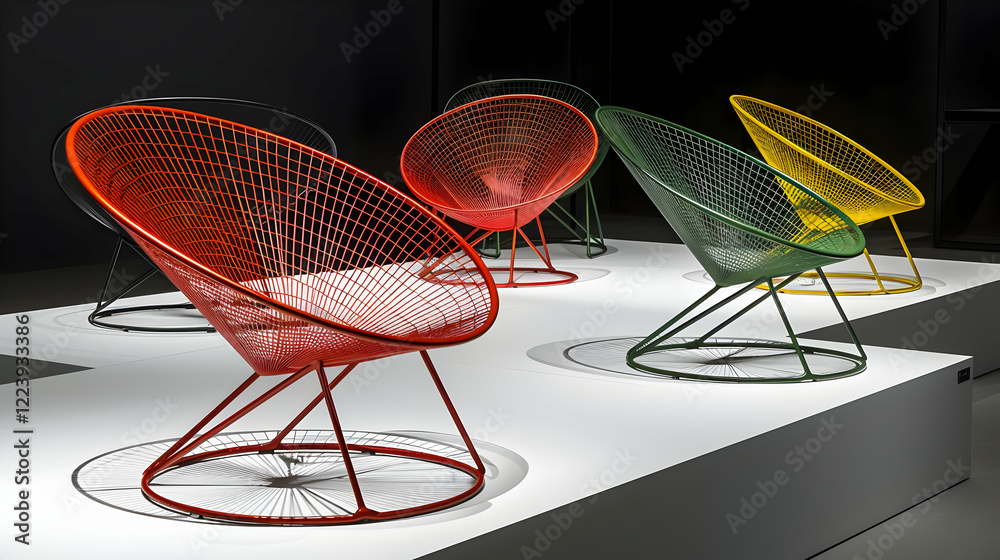 A display of colorful wire chairs arranged in a modern setting.