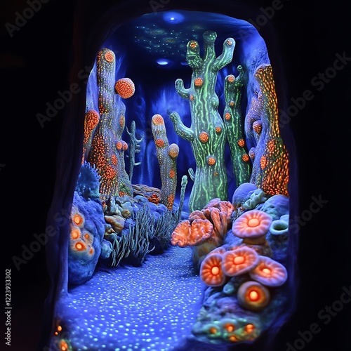 Glowing Cave Diorama Alien Flora, Night Scene, Fantasy Art photo