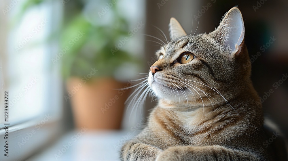 Cat gazing outdoors, sunny window, plant, home Cat gazing outdoors, sunny window, plant, home