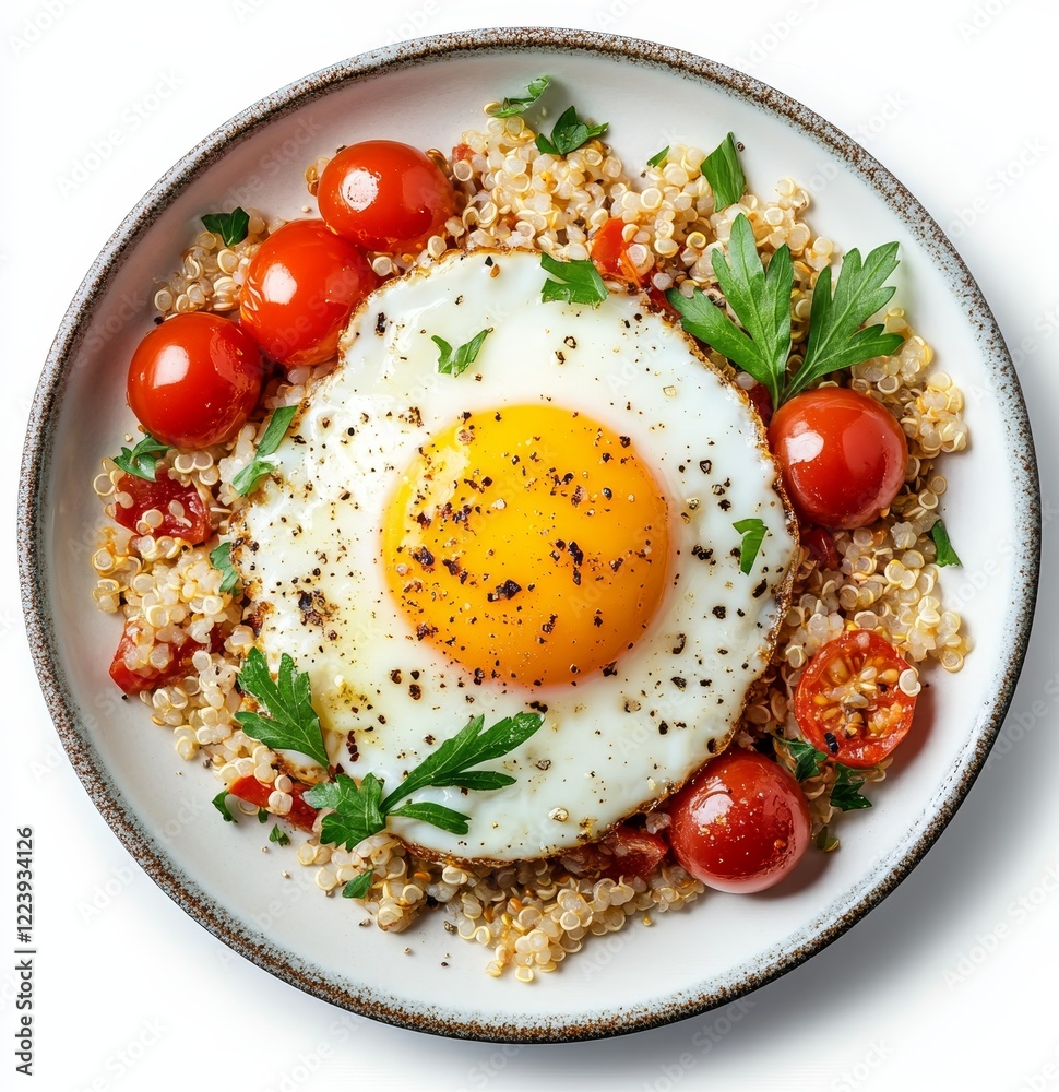 Sunny-side up egg on quinoa with cherry tomatoes. Sunny-side up egg on quinoa with cherry tomatoes.