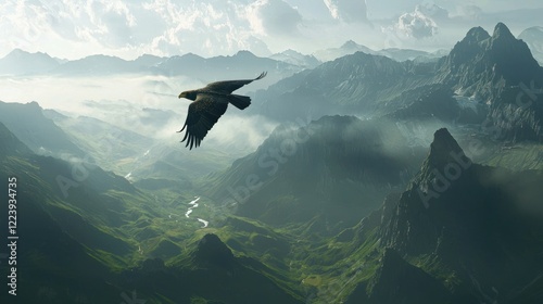 Obraz na płótnie A golden eagle soaring high above a vast mountain landscape w salonie