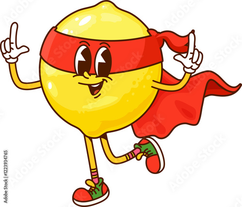Cartoon groovy lemon fruit superhero character. Vector funky y2k citrus super hero defender retro personage in cape and mask posing with raised fingers. Fairytale healthy food, smiling tropical plant