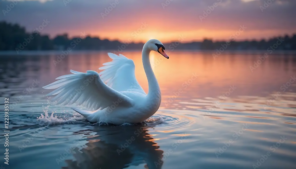Fototapeta premium Majestic Swan at Sunrise: A Serene Lakeside Moment