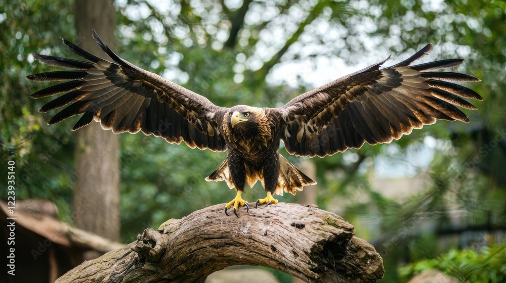 A golden eagle with wings spread wide, preparing to take flight from a tree branch