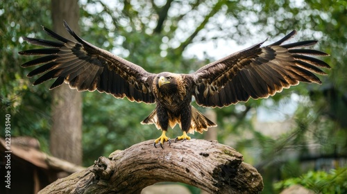 Obraz na płótnie A golden eagle with wings spread wide, preparing to take flight from a tree branch w salonie