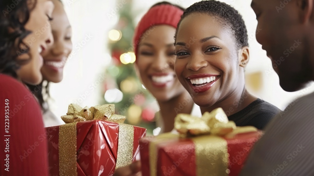A group of coworkers exchanging holiday gifts in the office with cheerful expressions.