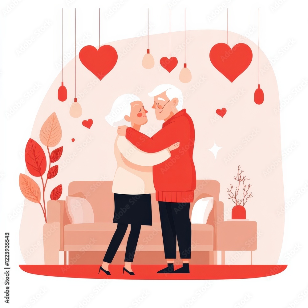Elderly Couple Embracing in Cozy Living Room with Hearts and Soft Lighting Elderly Couple Embracing in Cozy Living Room with Hearts and Soft Lighting